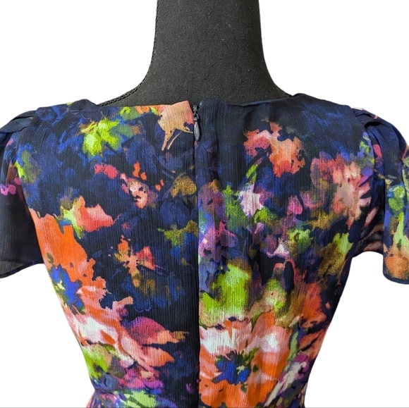 DKNY Whimsical Short Sleeve V-Neck Tie Waist Floral Chiffon Midi Dress Size 6 - Picture 8 of 16